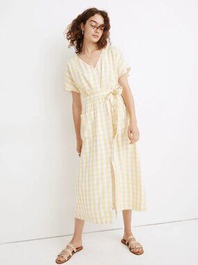NWT Madewell Dolman-Sleeve Tie-Waist Midi in Pear Gingham Check Apron Dress 00